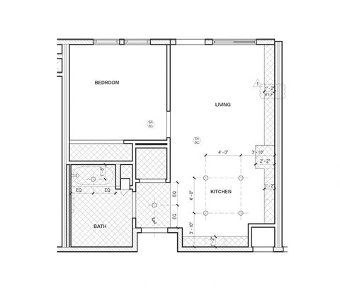 Floor plan for 1 bed, 1 bath, 602 sqft